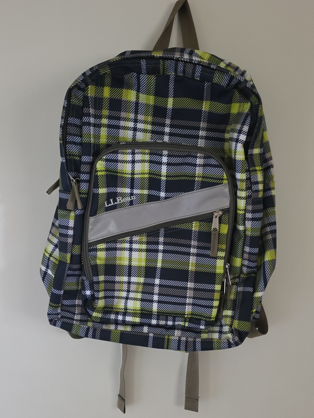 L.L. Bean Plaid Backpack in Navy, Lime & White